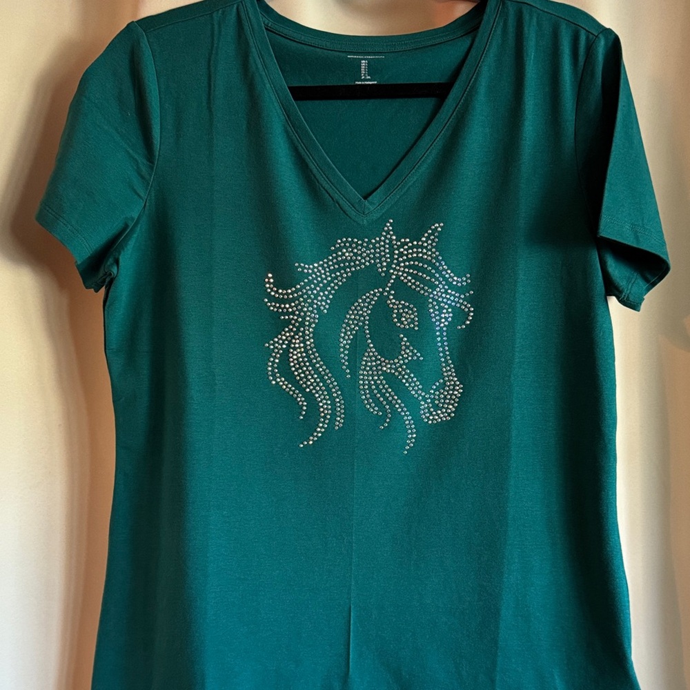 Amazon Essentials Teal V-Neck Short Sleeve Top for the horse lover.